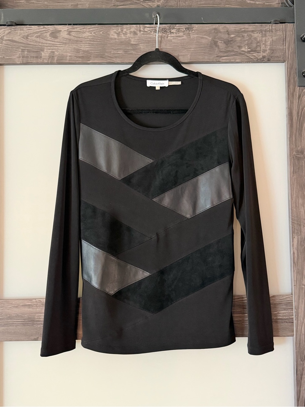 Calvin Klein Black Long Sleeve Mixed-Media Chevron Top